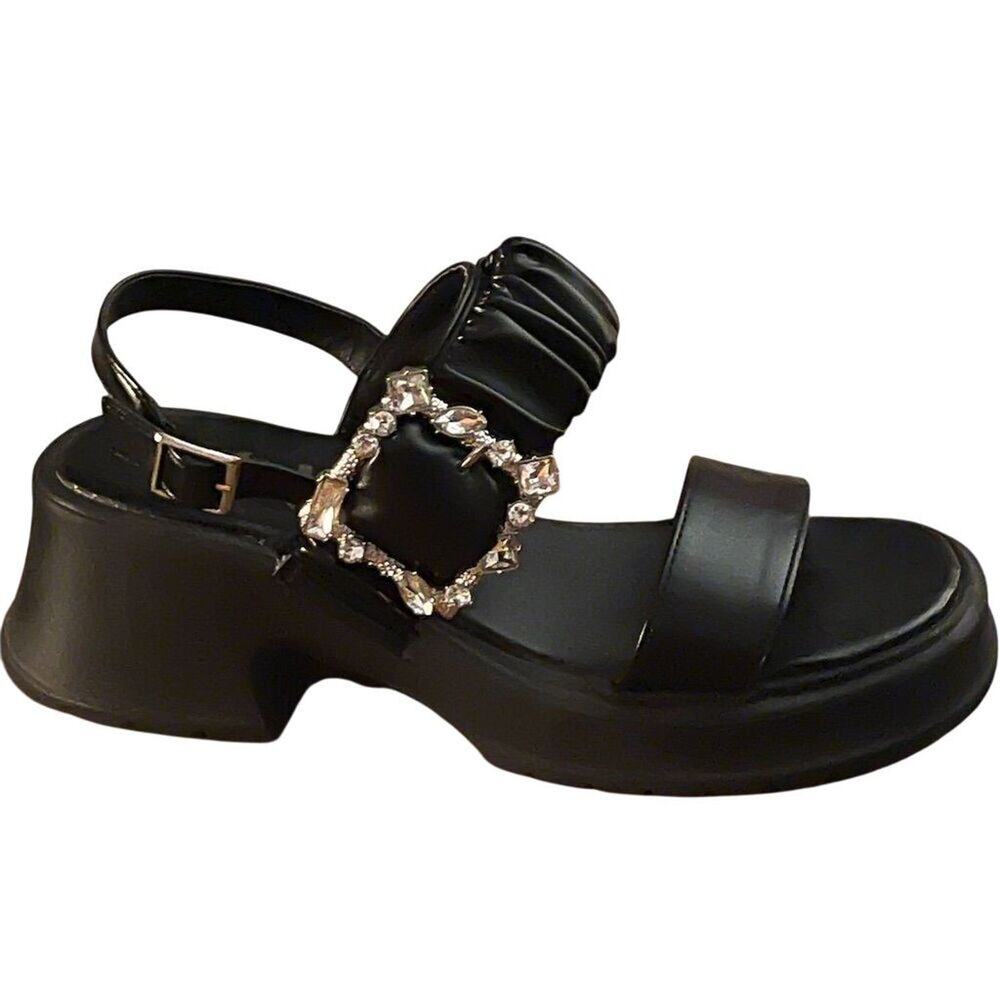 Lena Black Slingback Wedge Womens Sandals 7.5 Rhinestone Y2K Platform